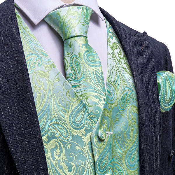 Ties2you Men's Vest Light Green Paisley Silk Classic Vest Hanky Cufflinks Tie Set