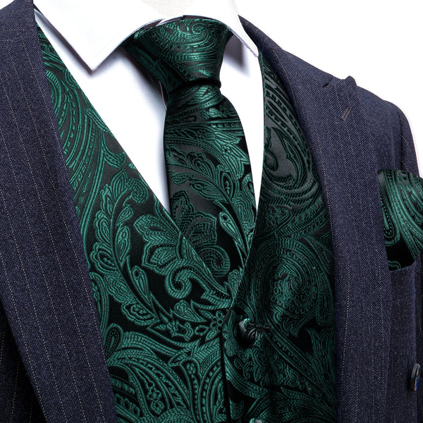 Black Emerald Green Paisley Silk Men's Vest Hanky Cufflinks Bow Tie Set