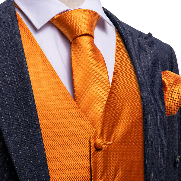 Orange Solid Herringbone Woven Formal Men's Vest Hanky Cufflinks Tie Set