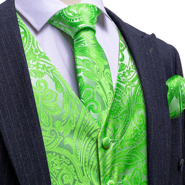 Apple Green Floral Woven Luxury Men's Vest Hanky Cufflinks Tie Set