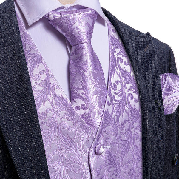Light Purple  Formal Floral Jacquard  Men's Vest Tie Hanky Cufflinks Silk Set