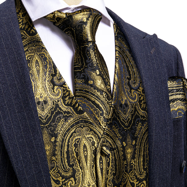 Black Gold Formal Floral Jacquard  Men's Vest Tie Hanky Cufflinks Silk Set