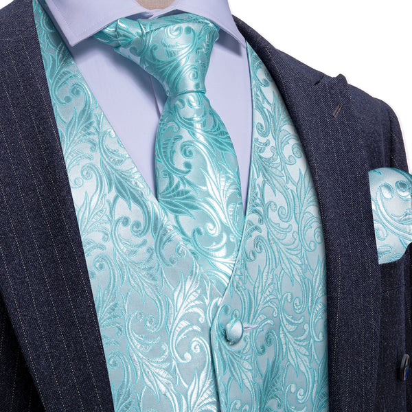 Light Blue Formal Floral Jacquard  Men's Vest Tie Hanky Cufflinks Silk Set