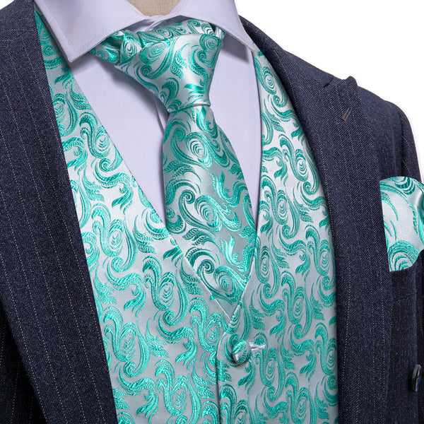 Mint Blue Formal Floral Jacquard  Men's Vest Tie Hanky Cufflinks Silk Set