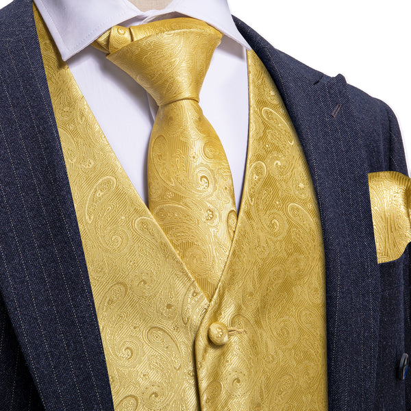 Yellow Formal Paisley Floral Men's Vest Tie Hanky Cufflinks Silk Set