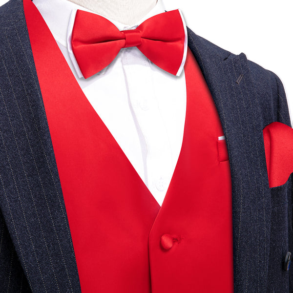 Red Solid Silk Men's Vest Bow Tie Set Waistcoat Suit Set
