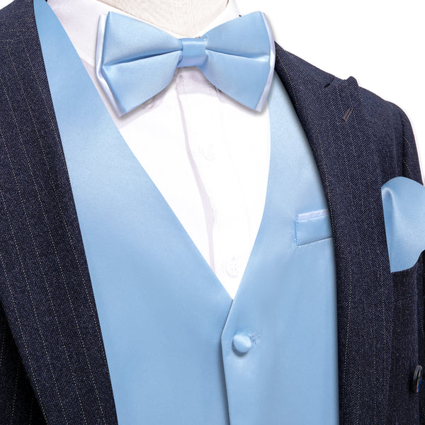 Sky Blue Solid Silk Men's Vest Bow Tie Set Waistcoat Suit Set