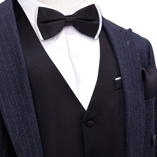 Dark Black Solid Silk Men's Vest Bow Tie Set Waistcoat Suit Set