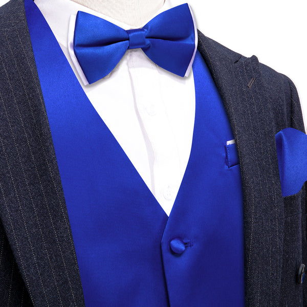 MediumBlue Solid Silk Men's Vest Bow Tie Set Waistcoat Suit Set