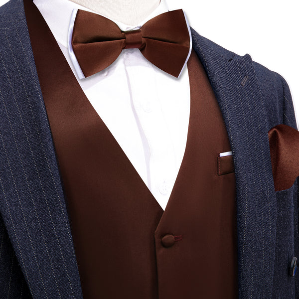 Pecan Brown Solid Silk Men's Vest Bow Tie Set Waistcoat Suit Set