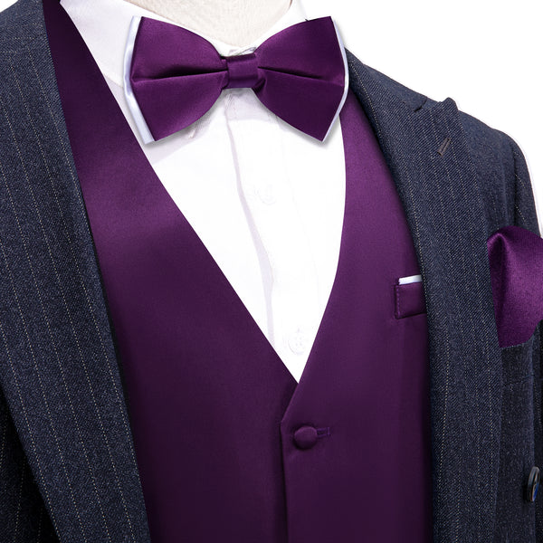 DarkMagenta Solid Silk Men's Vest Bow Tie Set Waistcoat Suit Set