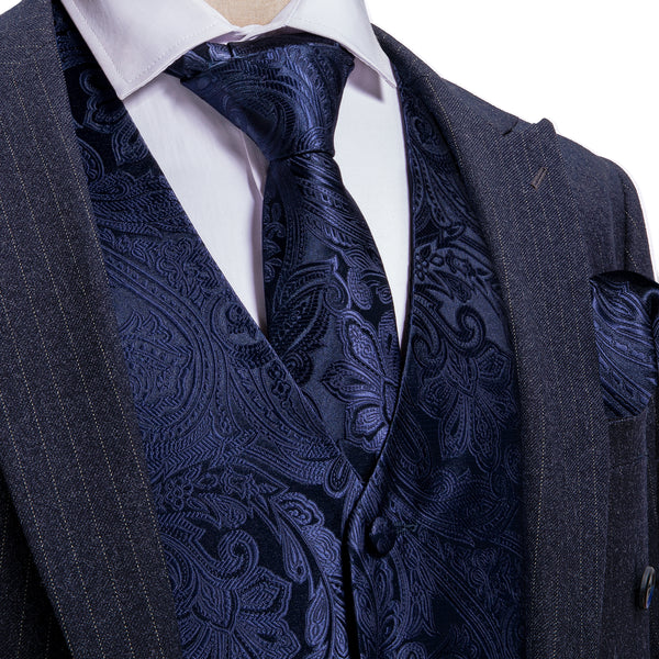 Deep Blue Formal Floral Jacquard  Men's Vest Tie Hanky Cufflinks Silk Set