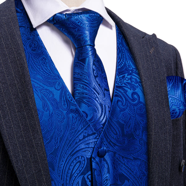 Royal Blue Formal Floral Jacquard  Men's Vest Tie Hanky Cufflinks Silk Set