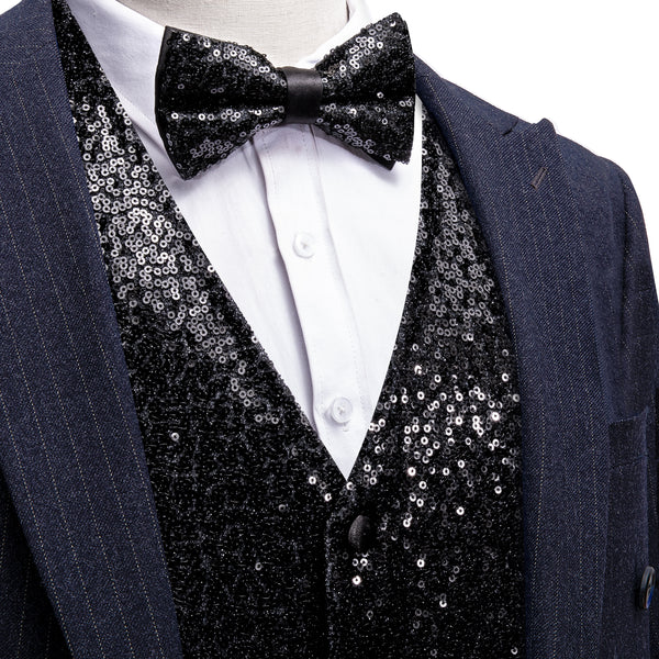 Sequins Black Solid Silk Men's Vest Bow Tie Set Waistcoat Suit Set