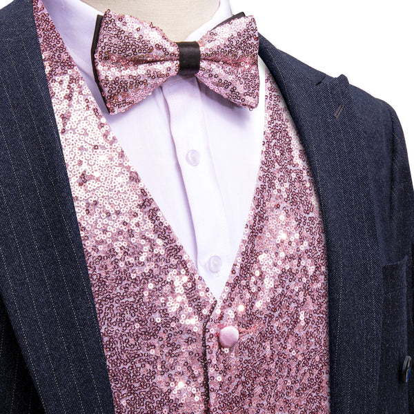 Sequins Pink Solid Silk Men's Vest Bow Tie Set Waistcoat Suit Set
