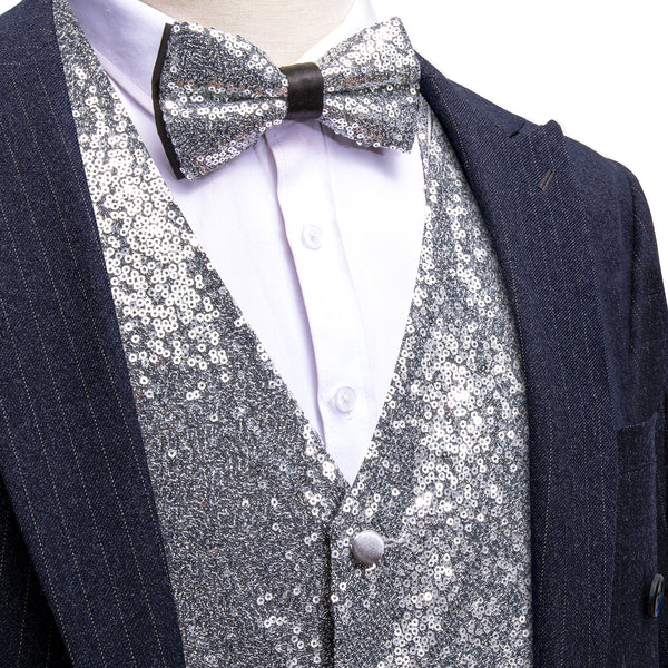 Sequins Sliver Grey Solid Silk Men's Vest Bow Tie Set Waistcoat Suit Set