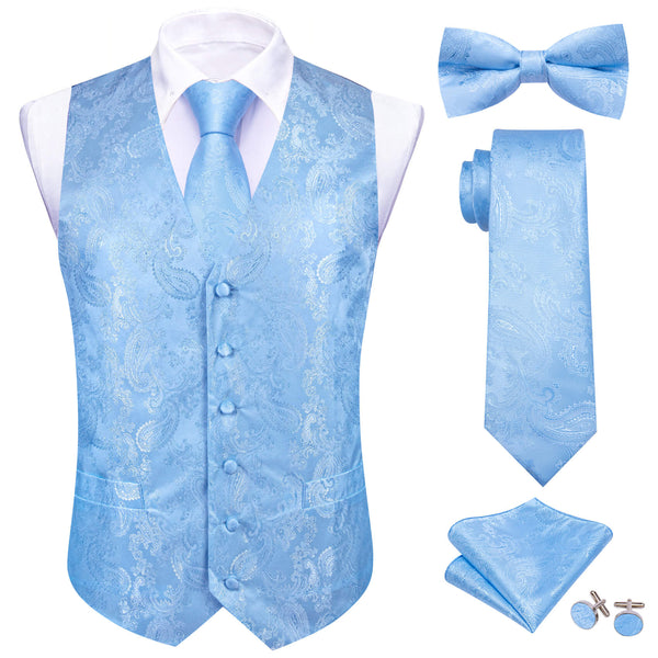  New Arctic Blue Paisley Vest Tie Bow Tie Set 