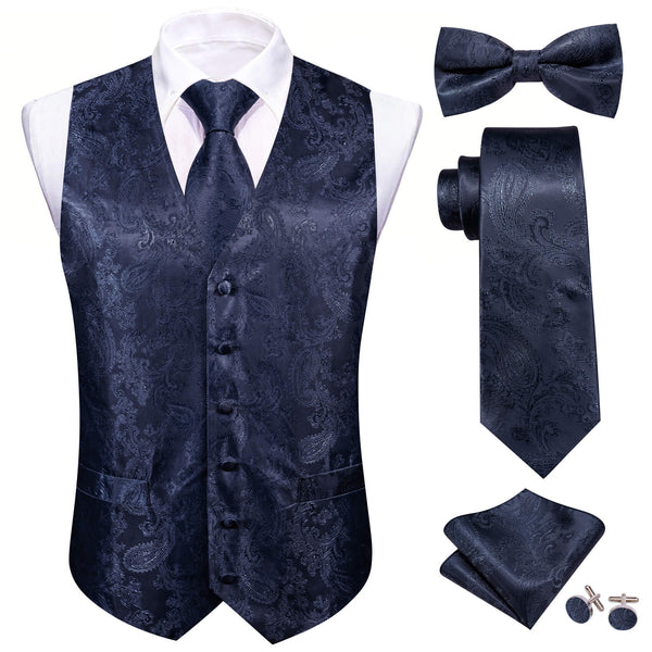 Denim Blue Woven Paisley Vest Tie Bow Tie Set
