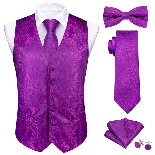 Purple Paisley Silk Vest Tie Bow Tie Set 5PC 
