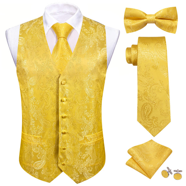 Gold Woven Paisley Silk Vest Tie Bow Tie Set