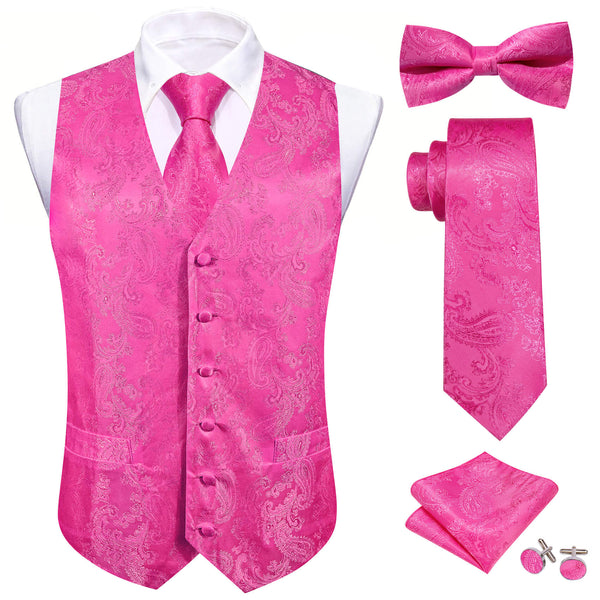 Deep Pink Paisley Silk Vest Tie Bow Tie Set