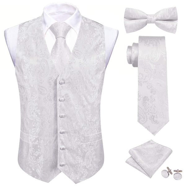 Pure White Paisley Silk Vest Tie Bow Tie Set