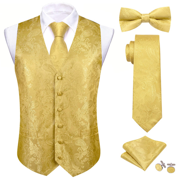 Canary Yellow Paisley Silk Vest Tie Bow Tie Set