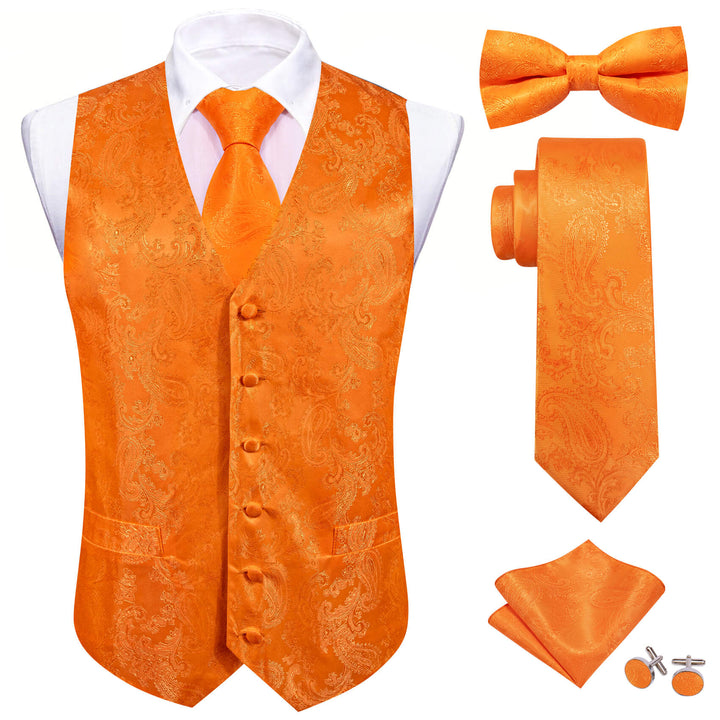 Tiger Orange Paisley Silk Vest Tie Bow Tie Set