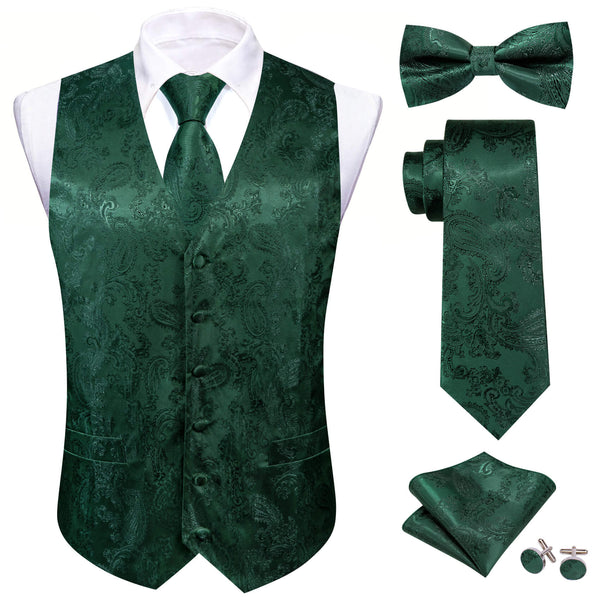 Dark Green Paisley Silk Vest Tie Bow Tie Set