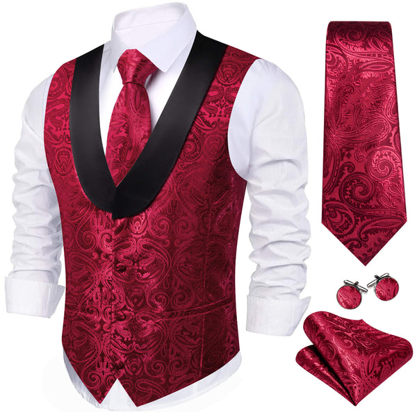  Burgundy Red Jacquard Paisley Silk Men's Vest