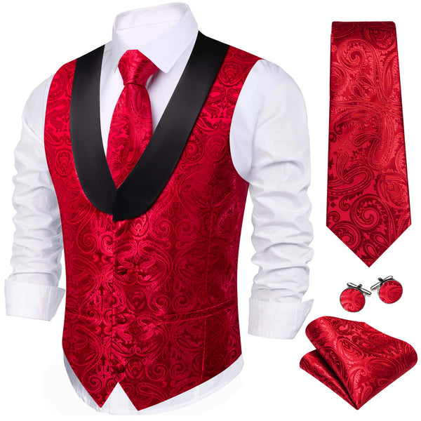 Red Jacquard Paisley Shawl Collar Silk Vest