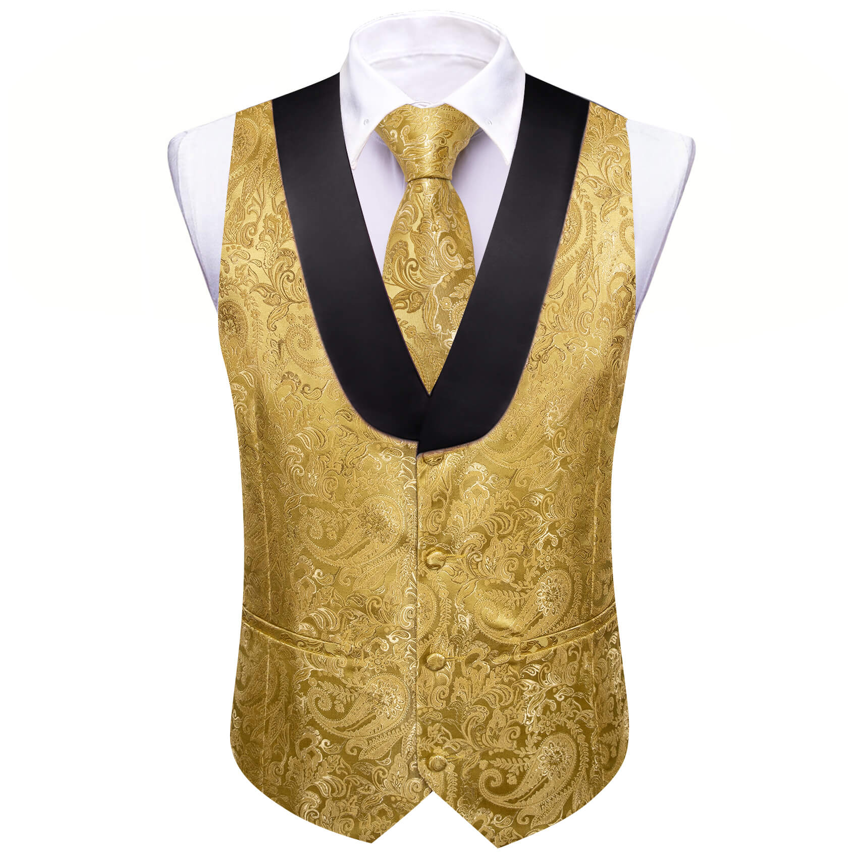 Stand Out In Style: Black & Gold Paisley Tuxedo Vest Set With Tie, Bowtie, And Hanky