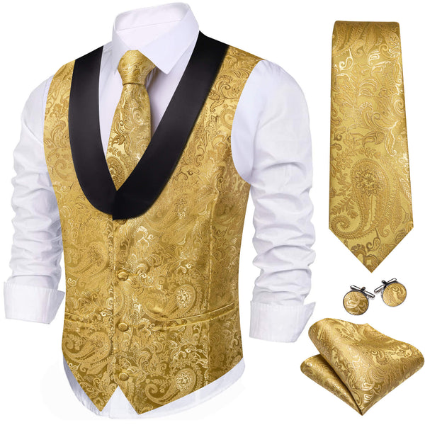 Gold Yellow Paisley Silk Shawl Collar Vest 