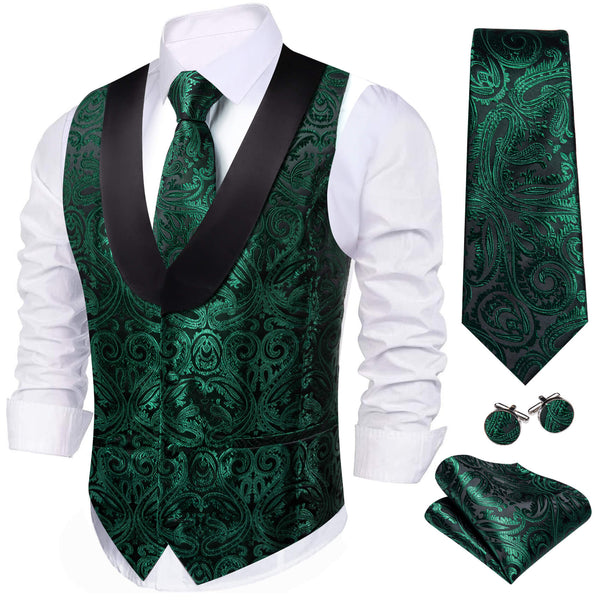 Dark Green Jacquard Paisley Men's Silk Vest 