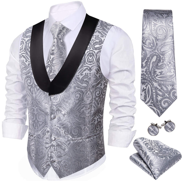 Dark Gray Paisley Silk Shawl Collar Vest 