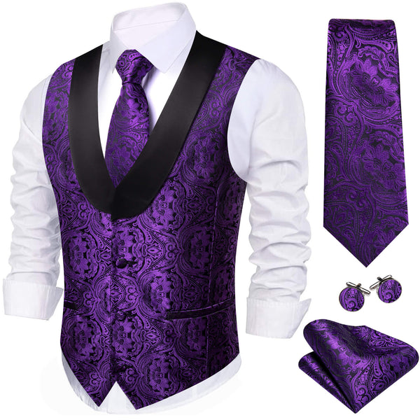 Violet Purple Paisley Silk Shawl Collar Vest Tie 