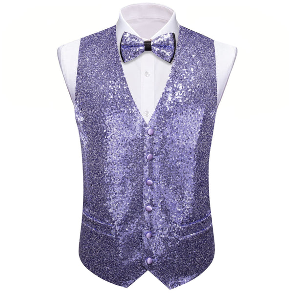 solid lavender purple mens V Neck Shiny Waistcoat Bow Tie Set for wedding or party