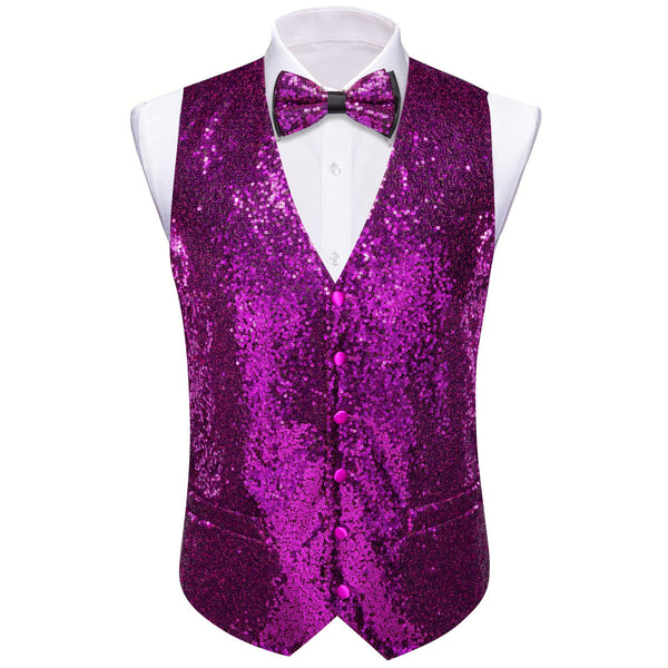 deep purple solid Mens Sequin Vests bow tie set