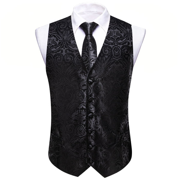 silk mens paisley black vest tie pocket square cufflinks set for business suit dress