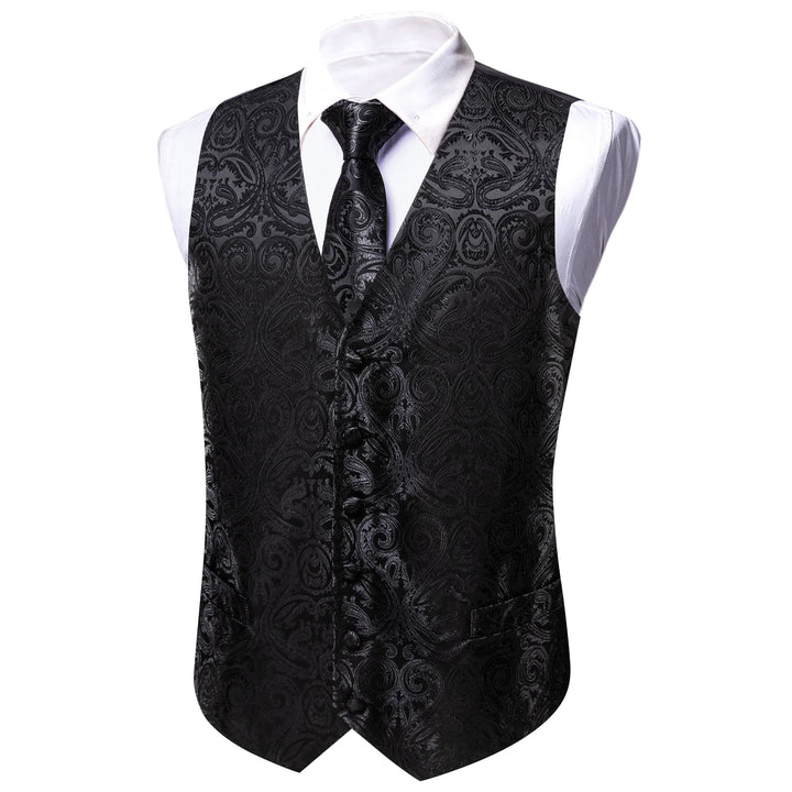 classic black silk mens suit jacket vest tie pocket square cufflinks set