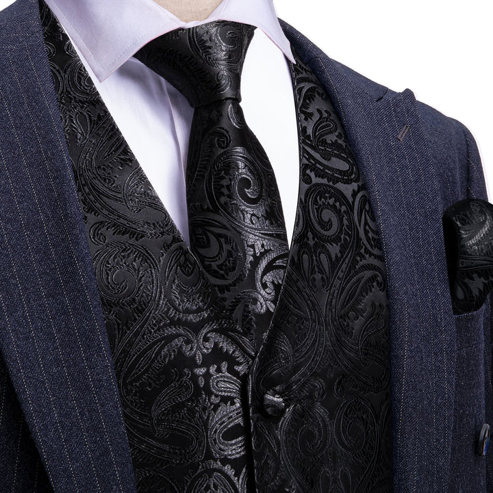 classic black silk mens suit jacket vest tie pocket square cufflinks set