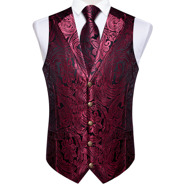 Ties2you Maroon Paisley Vest Collar Suit Dress Vest Tie Hanky Cufflinks Set