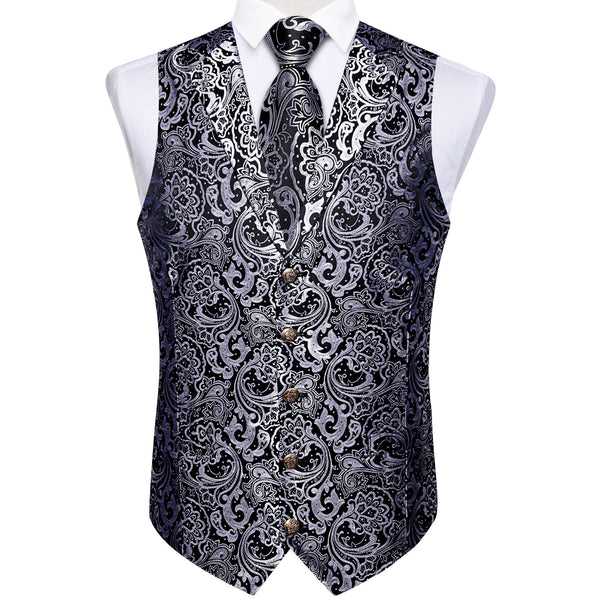Ties2you Silver Waistcoat for Men Collar Floral Silk Vest Tie Hanky Cufflinks Set