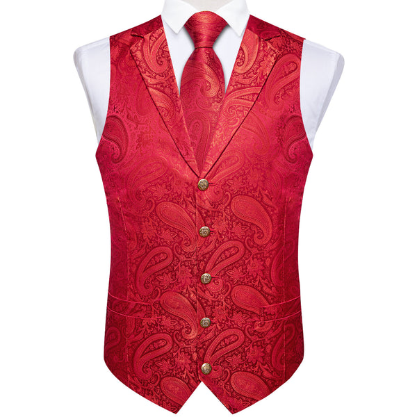 Ties2you Red Paisley Waistcoat Jacquard Collar Dress Vest Tie Pocket Square Cufflinks Set