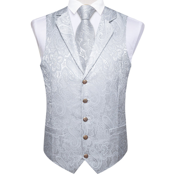 Ties2you Silver Waistcoat Paisley Jacquard Collar Dress Vest Tie Pocket Square Cufflinks Set