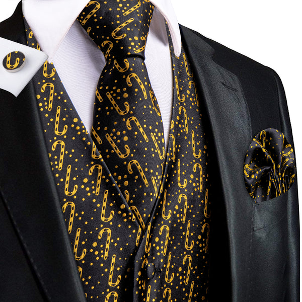 Christmas Black Gloden Candy Cane Novelty Jacquard Silk Men's Vest Hanky Cufflinks Tie Set