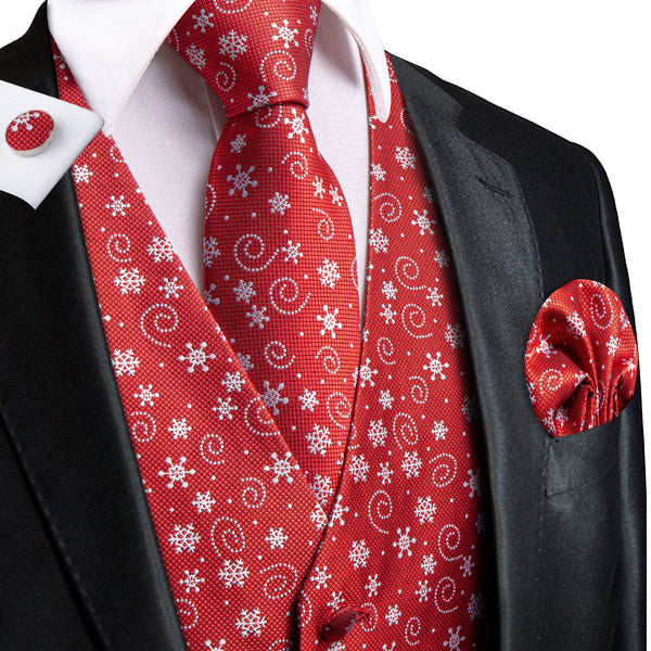 Red White Snowflake Novelty Jacquard Silk Men's Vest Hanky Cufflinks Tie Set
