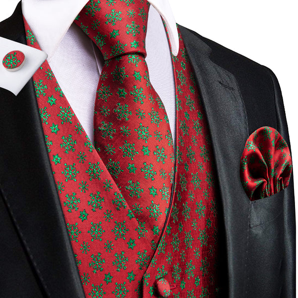 Red Green SnowFlake Novelty Jacquard Silk Men's Vest Hanky Cufflinks Tie Set
