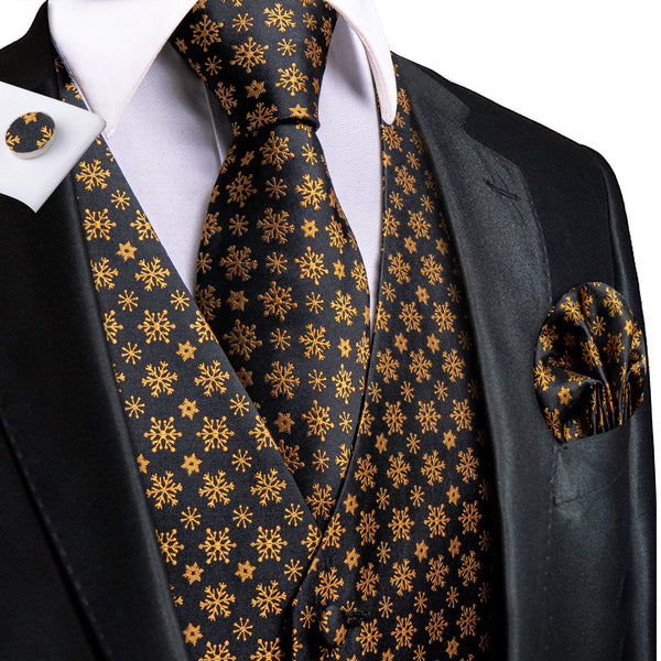 Black Golden SnowFlake Novelty Jacquard Silk Men's Vest Hanky Cufflinks Tie Set