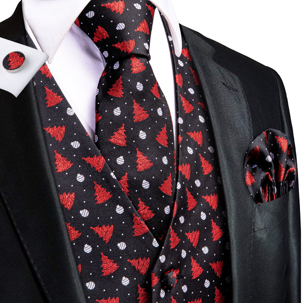 Black Red Tree Christmas Novelty Jacquard Silk Men's Vest Hanky Cufflinks Tie Set